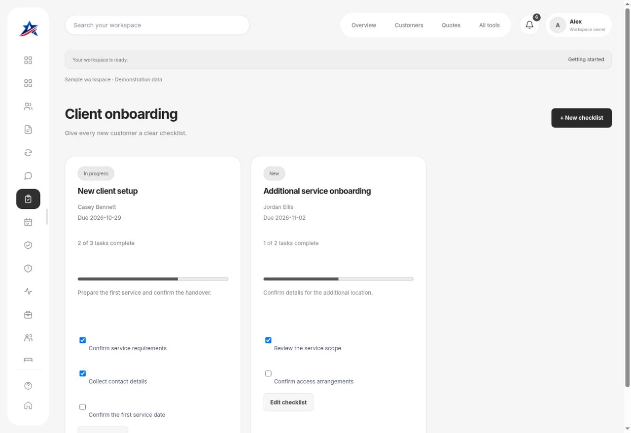 Client Onboarding screen in Business Suite showing fictional sample records