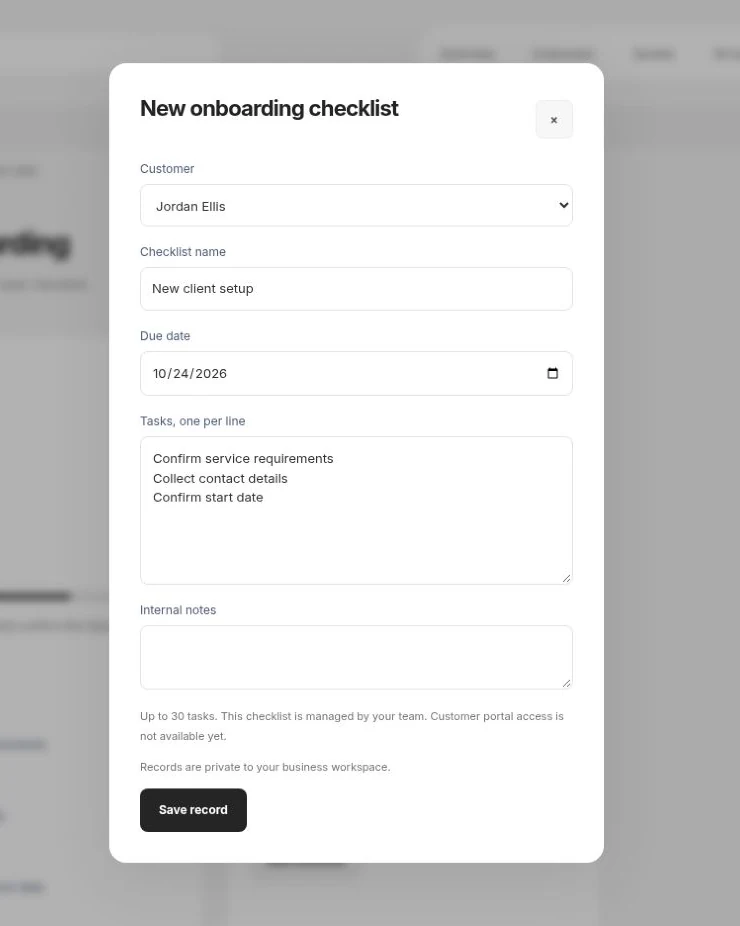 Client Onboarding workflow form in the actual app with demonstration details