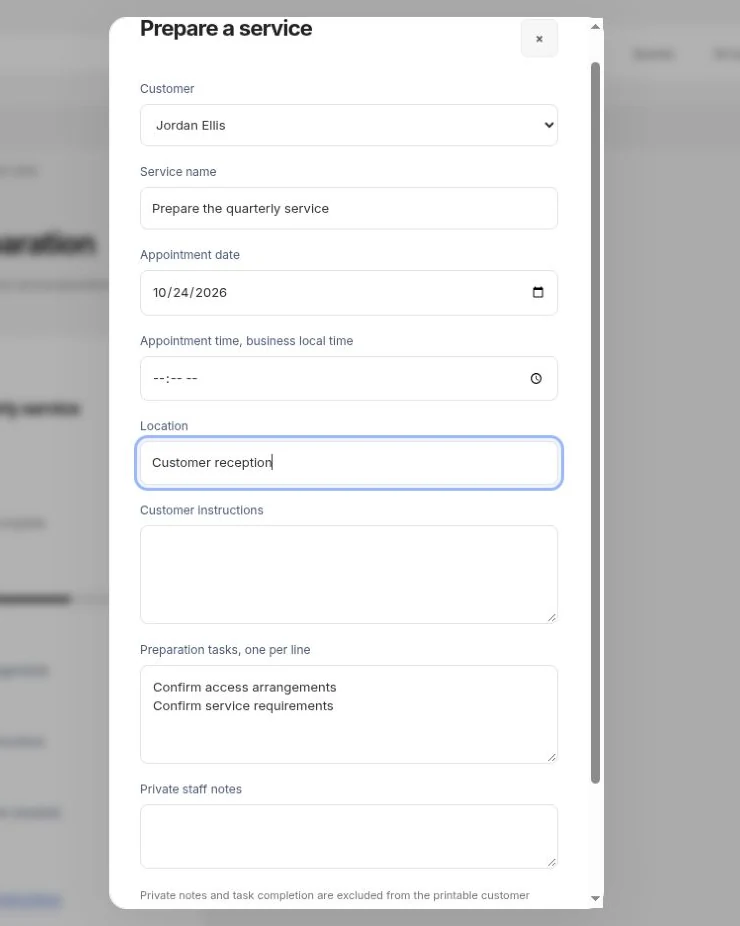 Service Preparation workflow form in the actual app with demonstration details