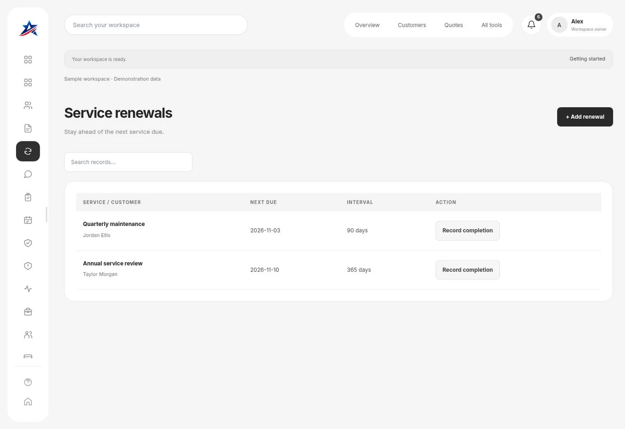 Service Renewals screen in Business Suite showing fictional sample records
