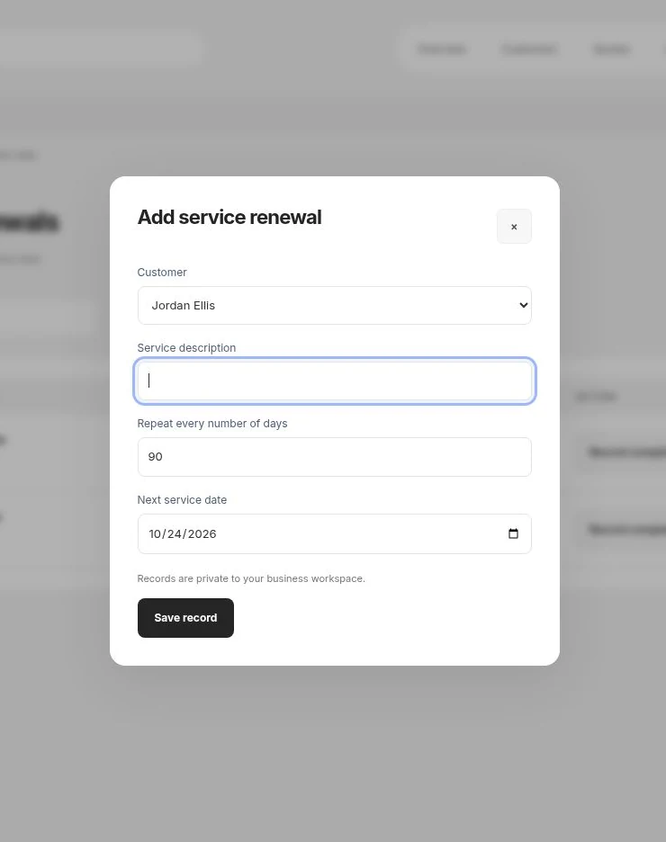 Service Renewals workflow form in the actual app with demonstration details